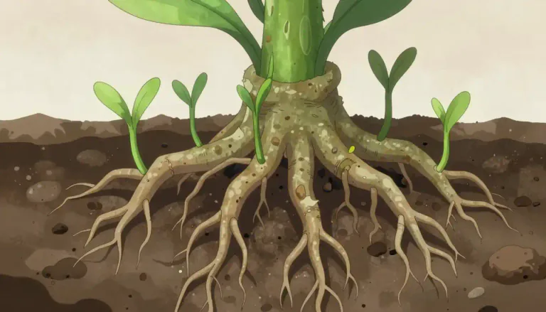 Visual representation of "rhizomatic" - Relating to a rhizome or rhizomes, which are underground stems that grow horizontally and produce roots and shoots.