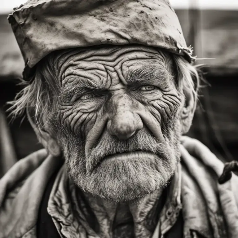 Visual representation of "craggy" - Especially of a person's face or skin, showing age.