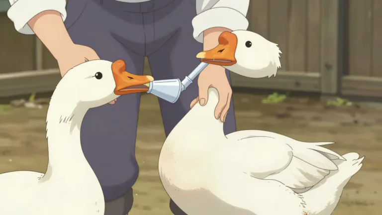 Visual representation of "gavage" - The act of force-feeding a bird, usually a goose, to fatten it quickly for food production.