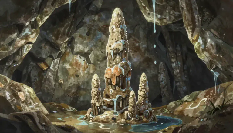 Visual representation of "stalagmite" - A type of rock formation that rises from the floor of a cave due to the accumulation of material deposited on the floor from ceiling drippings.