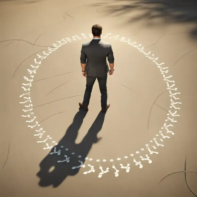 Visual representation of "come, turn, etc. full circle" - Return to the original position or situation, often after a long series of events or changes.