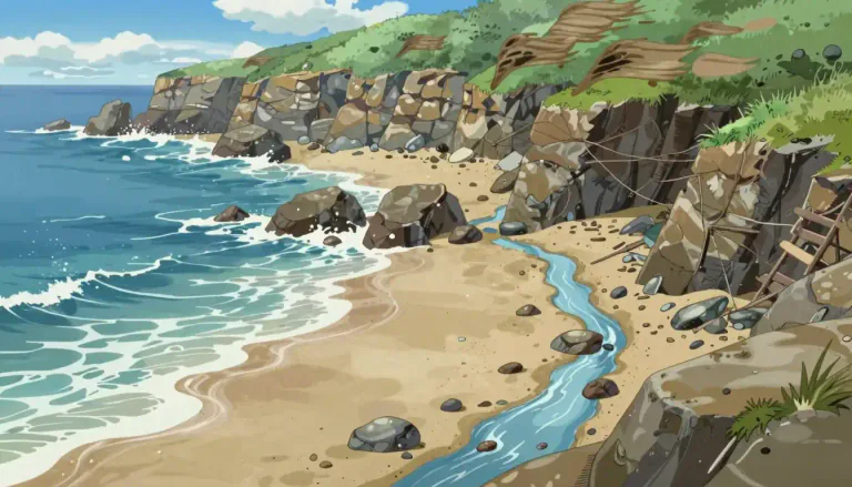 Visual representation of "erosion" - The process of wearing or washing away soils, rocks, or lands over a period of time mainly due to natural forces like water, wind or ice.