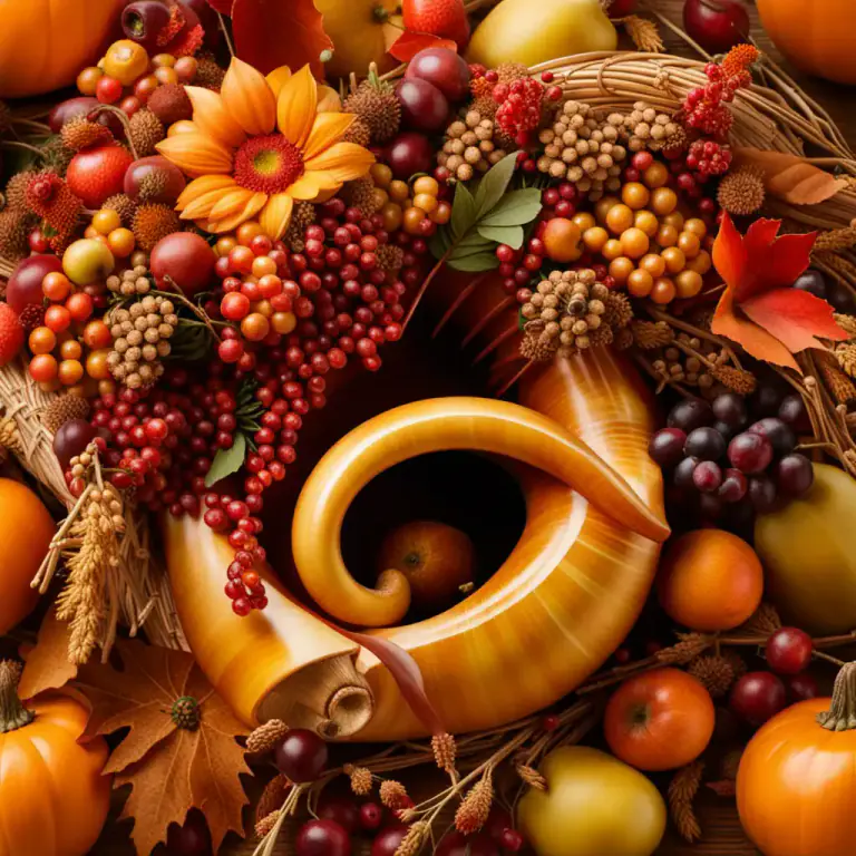 Visual representation of "cornucopia" - A symbol or decoration shaped like a horn, filled with fruits and flowers, representing abundance