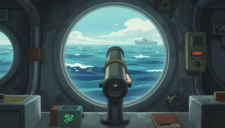 Visual representation of "periscope" - A type of telescope that can be raised or lowered to look over or around objects. Mostly used in submarines.