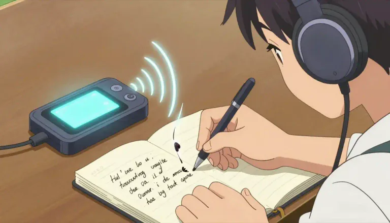 Visual representation of "transcribe" - To write something down that has been spoken