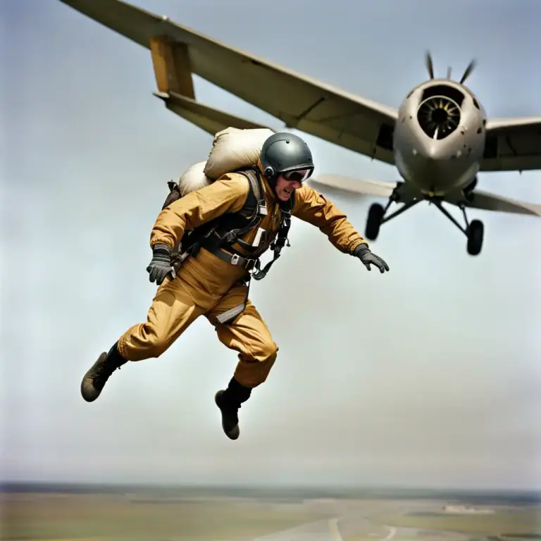 Visual representation of "bail out" - To jump out of an airplane with a parachute.