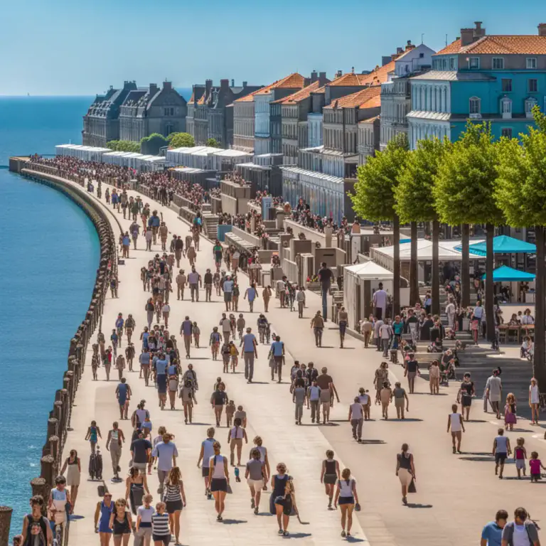 Visual representation of "esplanade" - A long open level area for walking in public, typically beside the sea.