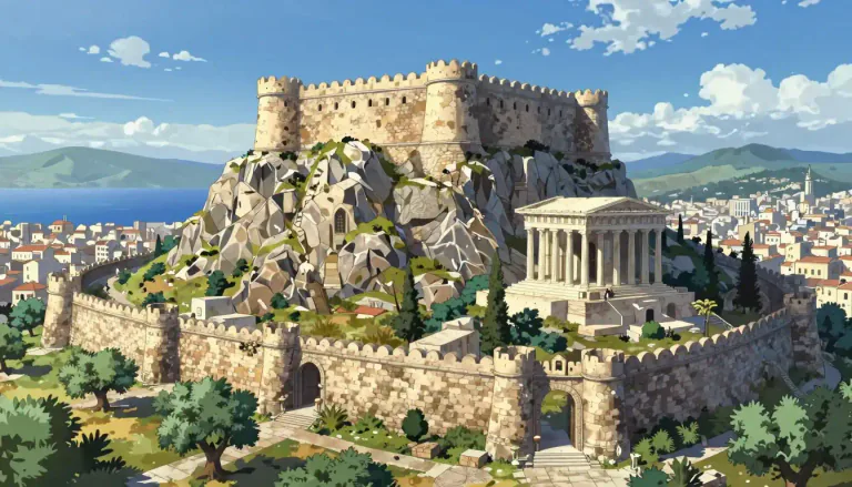 Visual representation of "acropolis" - The fortified high area or citadel in an ancient Greek city.