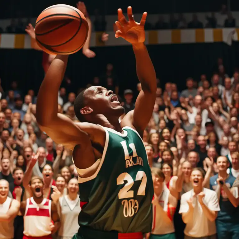 Visual representation of "jam" - In basketball, an impressive shot in which a player jumps and pushes the ball into the hoop with one or both hands