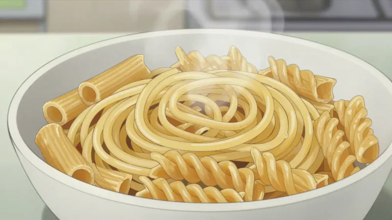 Visual representation of "pasta" - A food dish usually made from wheat and shaped into different forms such as tubes or strings.