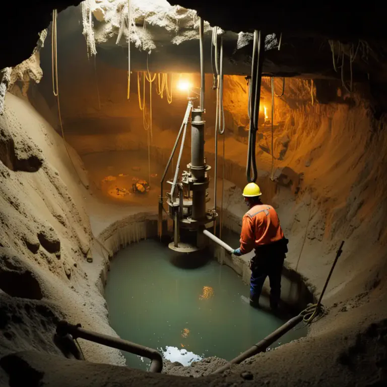 Visual representation of "sump" - A pit or hollow where liquid collects, specifically in a mine or cave.
