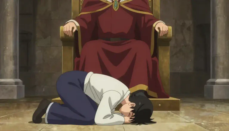 Visual representation of "grovel" - to act in a very humble way towards someone more powerful, showing that you are willing to obey them