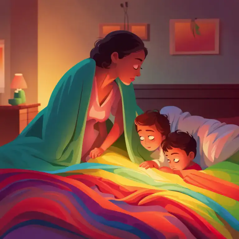 Visual representation of "tuck into" - To make a child comfortable in bed by pulling the covers up