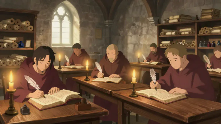 Visual representation of "scriptorium" - A place in a monastery where manuscripts were written and copied