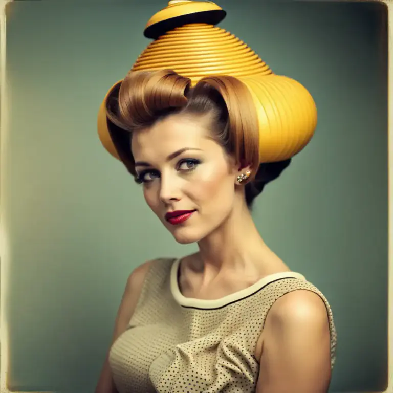 Visual representation of "beehive" - A hairstyle where the hair is piled high on the head and shaped like a beehive.