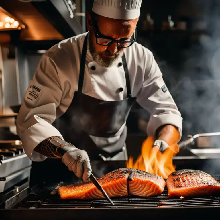 Visual representation of "blacken" - To cook (fish or meat) by coating with spices and searing quickly over high heat.