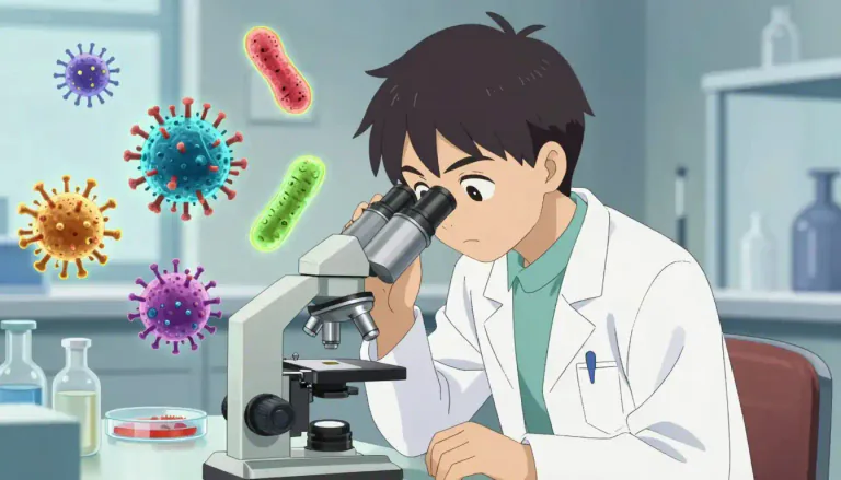 Visual representation of "microbiology" - The science that studies tiny living things like bacteria, viruses and fungi.