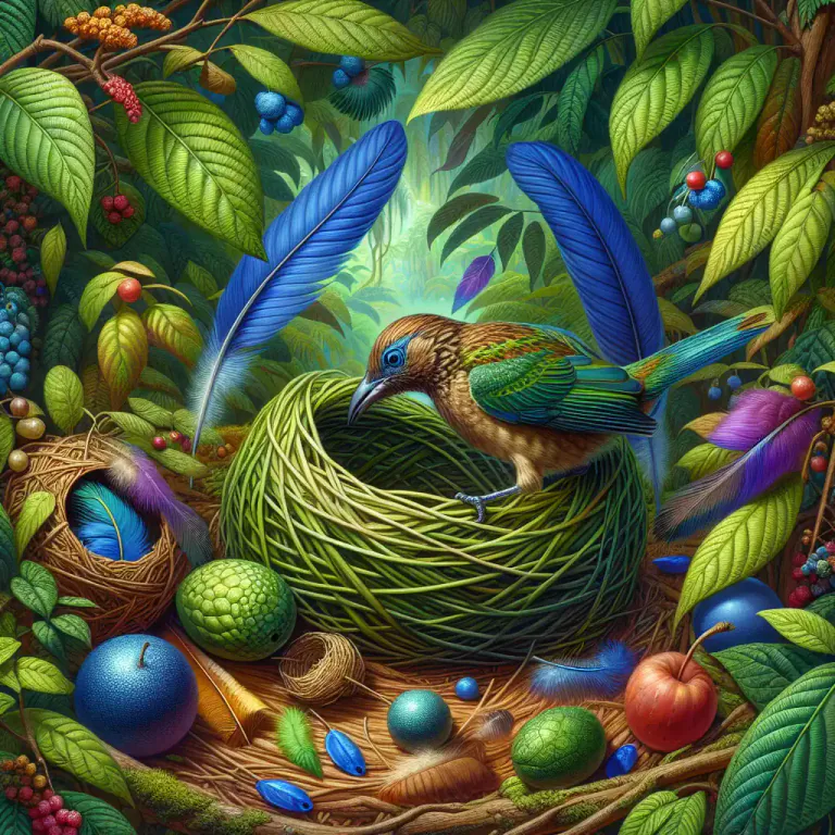 Visual representation of "bower" - The leafy shelter or habitat that certain birds, especially the bowerbird, construct for display and mating purposes.