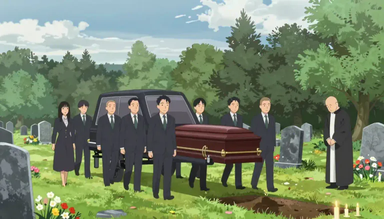 Visual representation of "funeral" - A ceremony held after someone dies, usually involving their body been taken to a burial ground or crematorium.