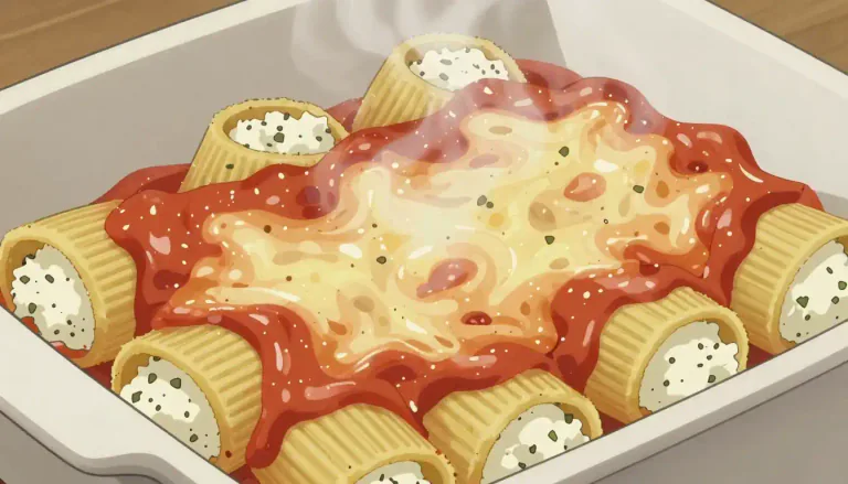 Visual representation of "manicotti" - A type of large pasta tube, typically filled with cheese or other ingredients and baked in sauce.
