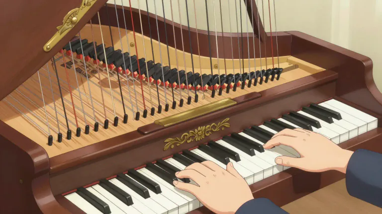 Visual representation of "harpsichord" - A musical instrument similar to a piano but smaller and with strings plucked by pieces of quill.