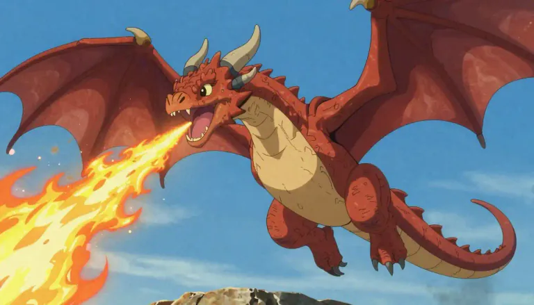 Visual representation of "dragon" - A large imaginary animal often presented in stories, which is like a big lizard and can breathe out fire.