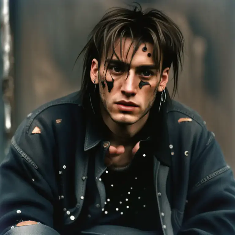 Visual representation of "grunge" - A type of fashion characterized by dark, dirty looking clothes, often with holes or tears.