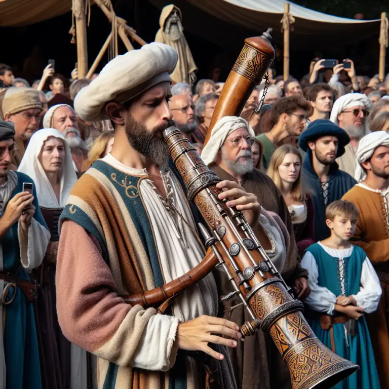 Visual representation of "bombard" - A large bassoon-like musical instrument used in the Middle Ages.
