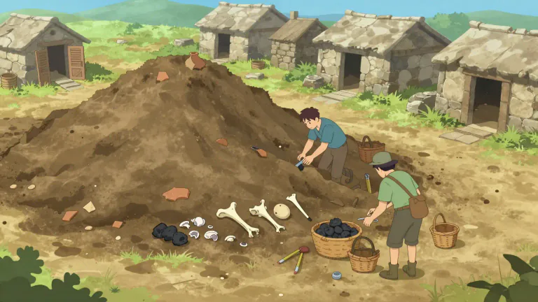 Visual representation of "midden" - A dump for domestic waste which comes from a historic site like an old settlement.