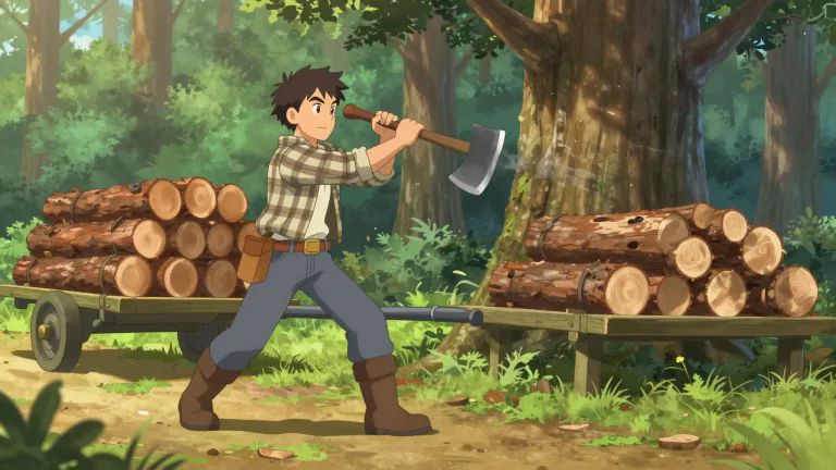 Visual representation of "lumberjack" - A person who cuts down trees and transports the wood to be used.