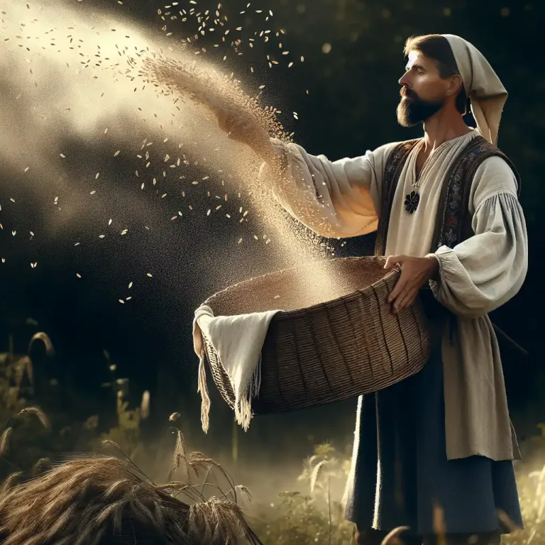 Visual representation of "winnow" - To blow a current of air through (grain) to separate the chaff