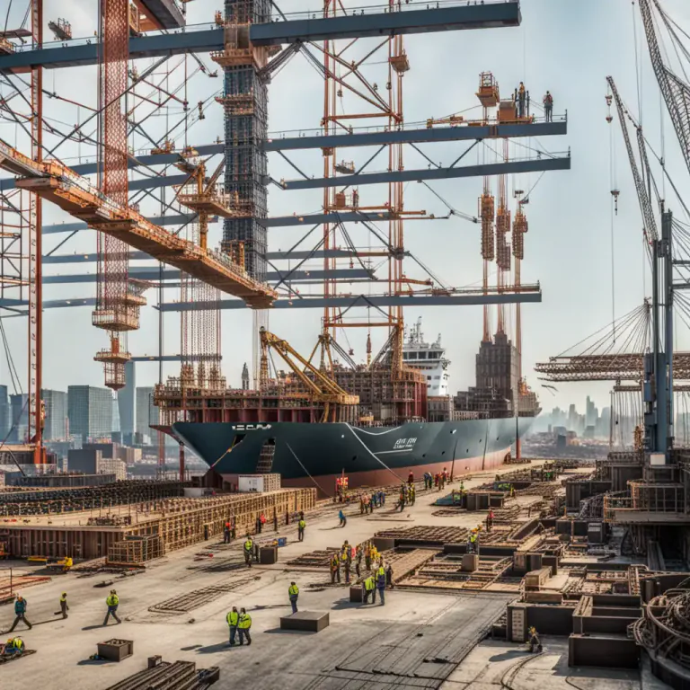 Visual representation of "on the stocks" - In construction or being constructed, especially of a ship
