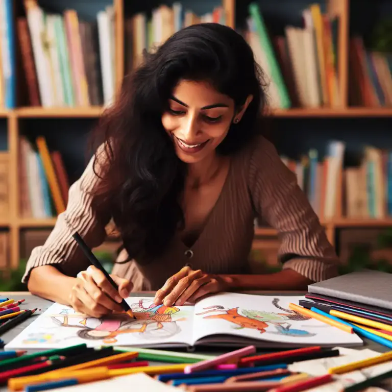 Visual representation of "illustrate" - To draw pictures for a book, magazine, etc.