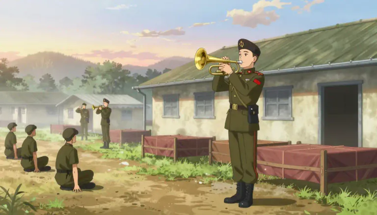 Visual representation of "reveille" - A signal, usually music played early in the morning to wake up people in a camp or military base.