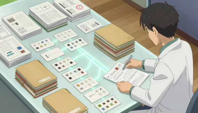 Visual representation of "collate" - To gather and arrange pieces of information together in a clear, ordered way.