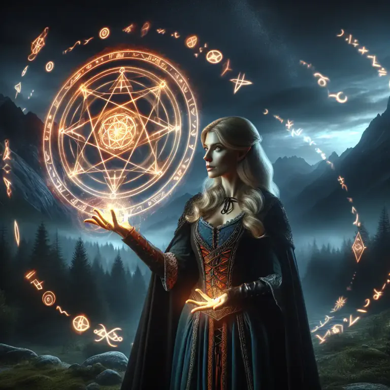 Visual representation of "sorceress" - In fantasy literature or games, a sorceress is a female character who uses magic.