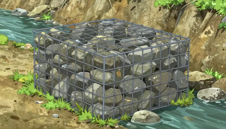 Visual representation of "gabion" - A cage or basket filled with rocks or soil. They are often used in building and construction work.