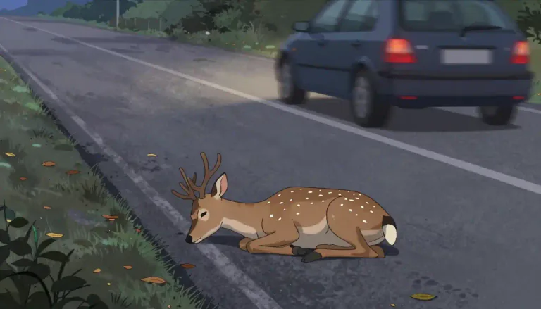 Visual representation of "roadkill" - A dead animal that has been hit by a vehicle on a road.