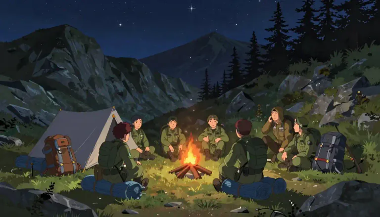 Visual representation of "bivouac" - A temporary camp without tents or cover, used especially by soldiers or mountaineers.