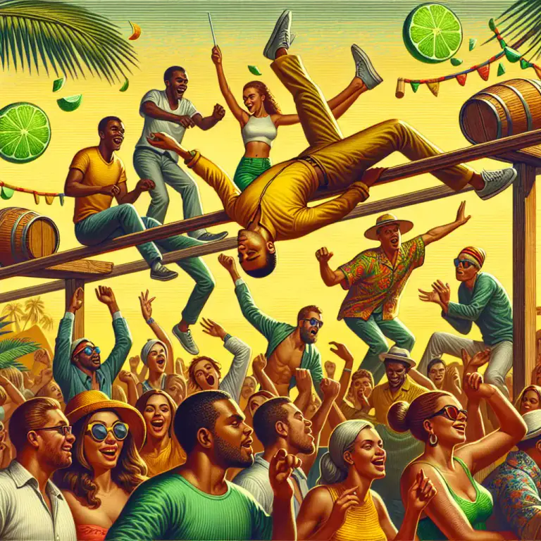 Visual representation of "limbo" - A West Indian dance where the dancer bends their body low to go under a bar that is lowered each time they pass under it