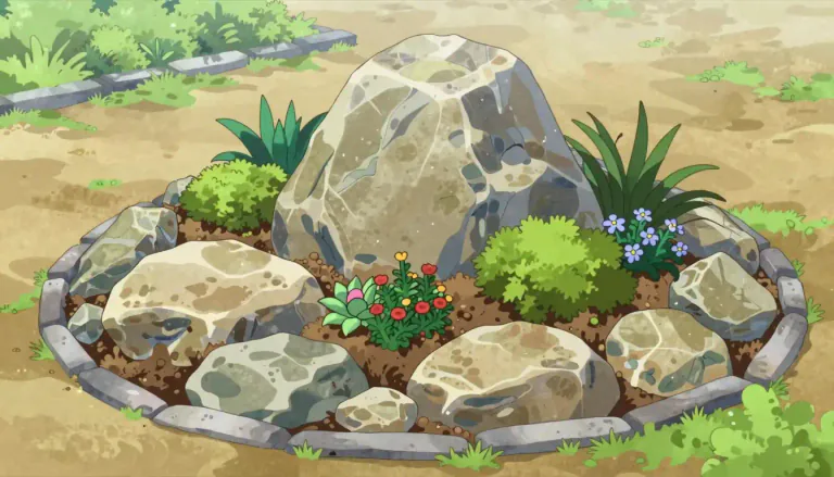 Visual representation of "rockery" - A garden design element where rocks and alpine plants are used together.