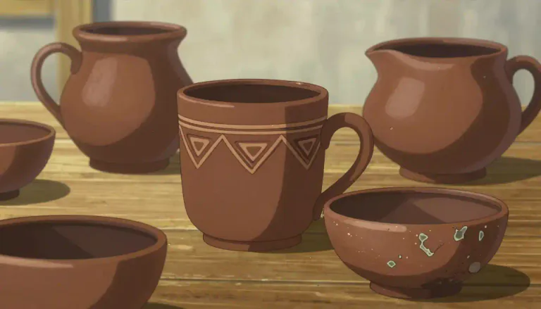 Visual representation of "earthenware" - A hard, brittle type of pottery, often brown in color, made from clay.