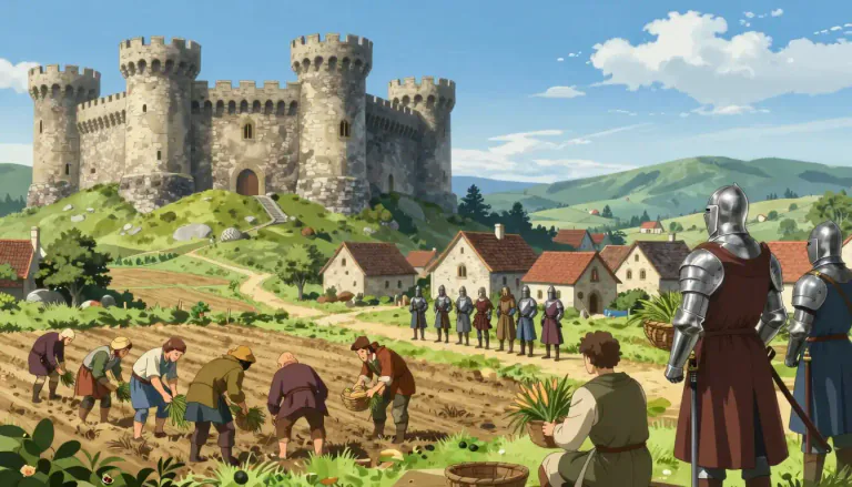 Visual representation of "feudalism" - A social system that existed in Europe during the Middle Ages, where people worked and fought for nobles who gave them protection and the use of land in return.