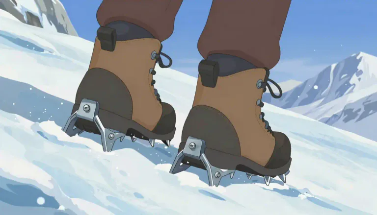 Visual representation of "crampon" - A metal tool with sharp points that people attach to their boots to help walk on ice or climb mountains.