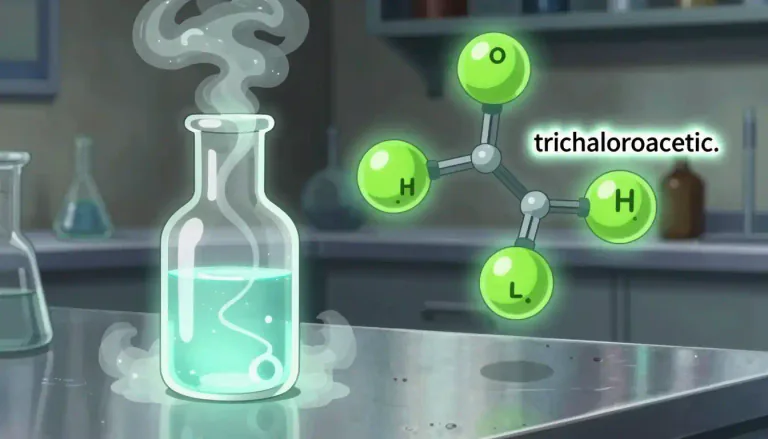 Visual representation of "trichloroacetic" - A colorless, liquid chemical compound used as a strong exfoliant in cosmetic procedures and as a reagent in chemical reactions.