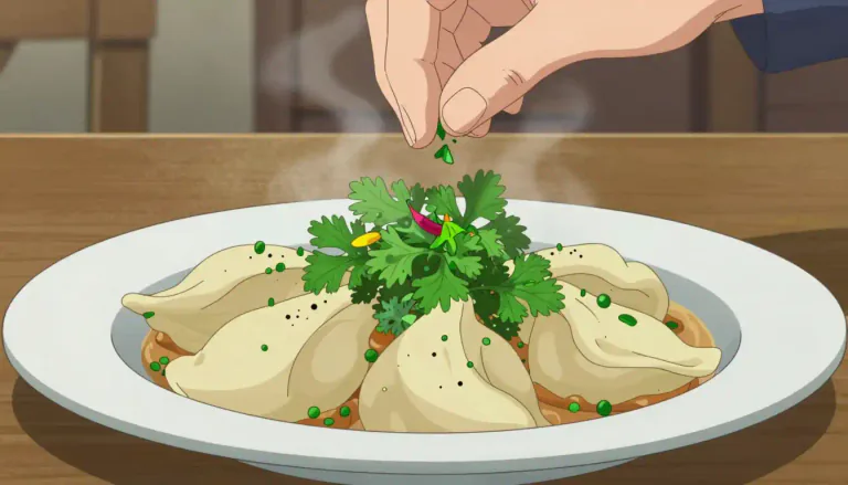 Visual representation of "garnish" - To decorate a dish with small amounts of colorful or flavorful ingredients.