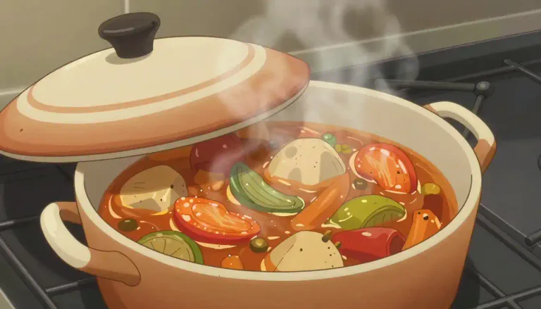 Visual representation of "casserole" - A kind of stew that is cooked slowly in an oven