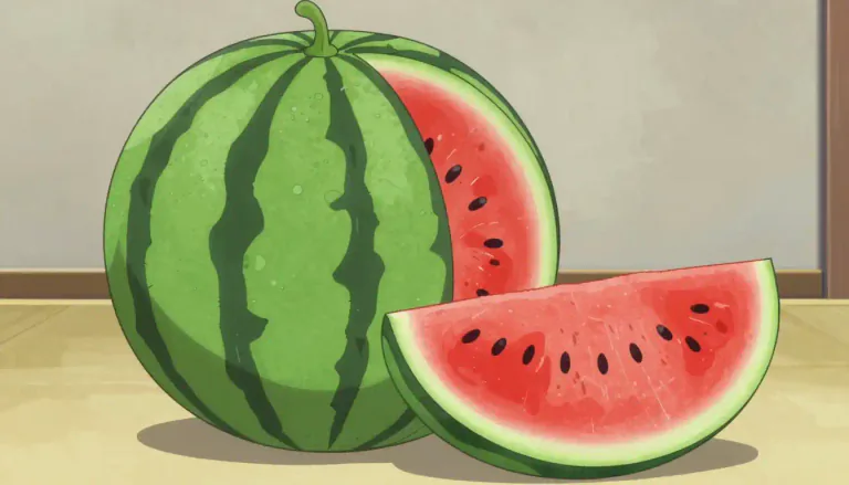 Visual representation of "melon" - A large, round fruit that has a hard skin and many seeds inside.