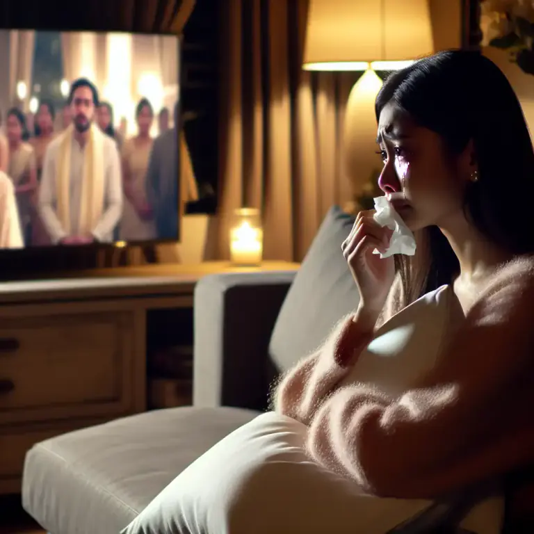 Visual representation of "weepy" - A sentimental film or book that makes people cry