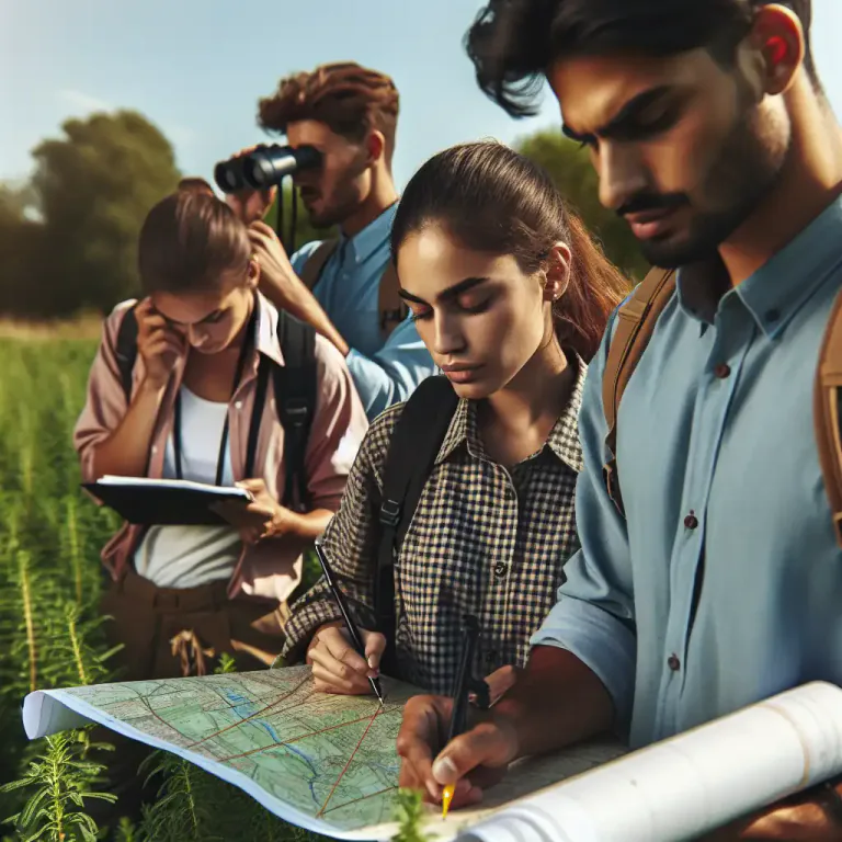 Visual representation of "reconnaissance" - The activity of exploring or studying an area in detail, especially to create maps or plans.